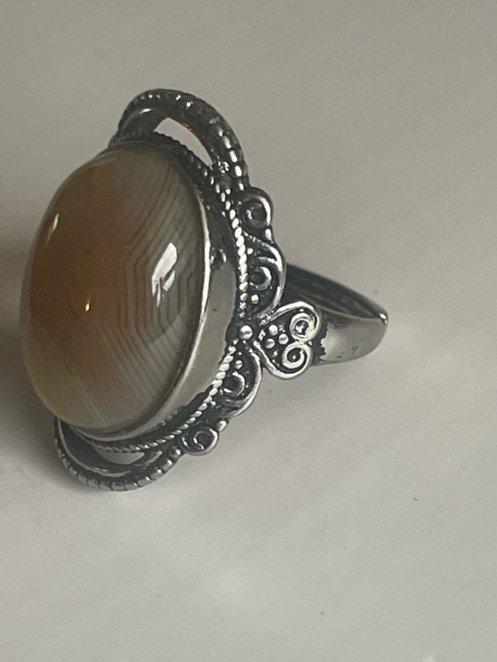 Sterling Silver Brown Agate Filigree Cocktail Ring. Size 6 or Adjustable.